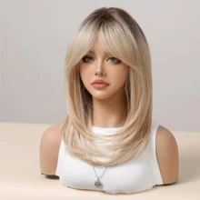 22 Inch Ombre Blonde Long Straight Bob Wig With Bangs For Women - Natural-Looking Glueless | Heat-Resistant Synthetic | For Women Daily/Music Festivals/Costume Parties - 漸變金色 - 查看 6