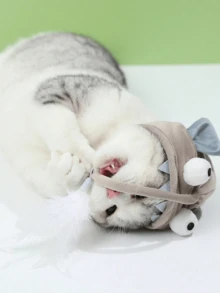 1个灰色猫咪帽子，带羽毛和耐用磨牙棒，逗猫棒互动玩具，适合所有季节，鼓励猫咪运动和娱乐（款式随机发送） - 灰色 - 查看 5