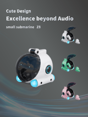 一款轻巧的无线耳机，配备可爱的迷你潜水艇造型磁吸充电盒，符合人体工学的弧形半入耳式设计，佩戴舒适，适用于音乐、游戏、运动，并具备防水功能。它采用13mm大尺寸动圈复合振膜，支持智能通话降噪、Hi-Fi立体环绕声、杜比音效和360°环绕声场。