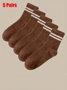 2/5 Pairs Women Slim Striped Mid-Calf Socks - Beige And Brown Striped Pattern, Suitable For Autumn/Winter, Machine Washable, Suitable For Casual And Formal Wear, Cute Socks, Casual Outfit, Fashionable Socks, Comfortable Style, Fashion Enthusiasts, Daily Socks, Fashionable Socks, Durable Material, Fashionable Women, Thick Socks, Fashion Buyers, Formal Wear, Fashionable Stripes, Outdoor Enthusiasts, Striped Pattern, Couple Socks