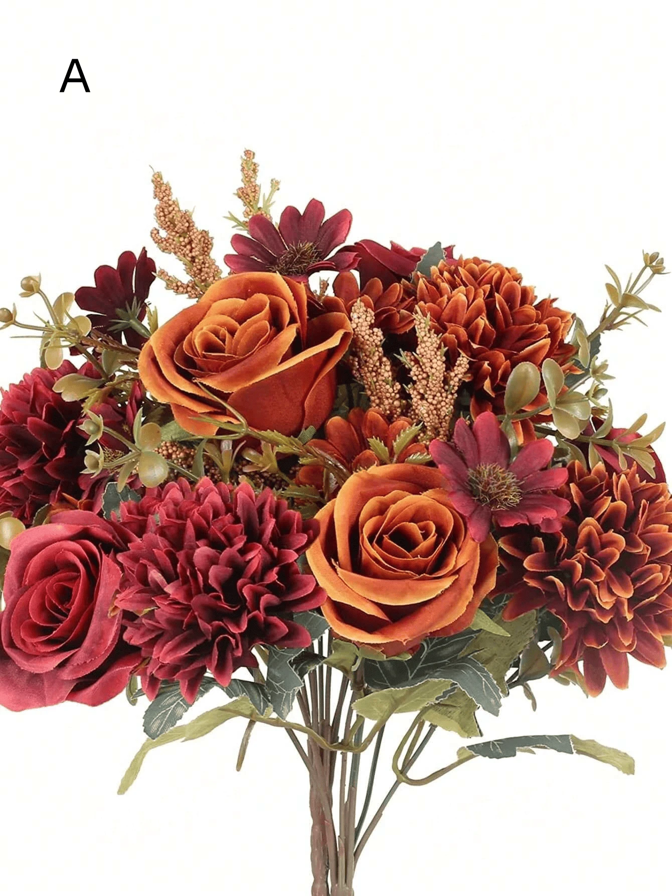 秋季人造牡丹花丝绣球玫瑰花束，人造花卉新娘捧花装饰家居装饰配件情人节花瓶婚礼花束花园玫瑰拱门客厅装饰新年装饰观赏花盆，DIY婚礼捧花，派对餐桌装饰 - 亮橙色 - 查看 1