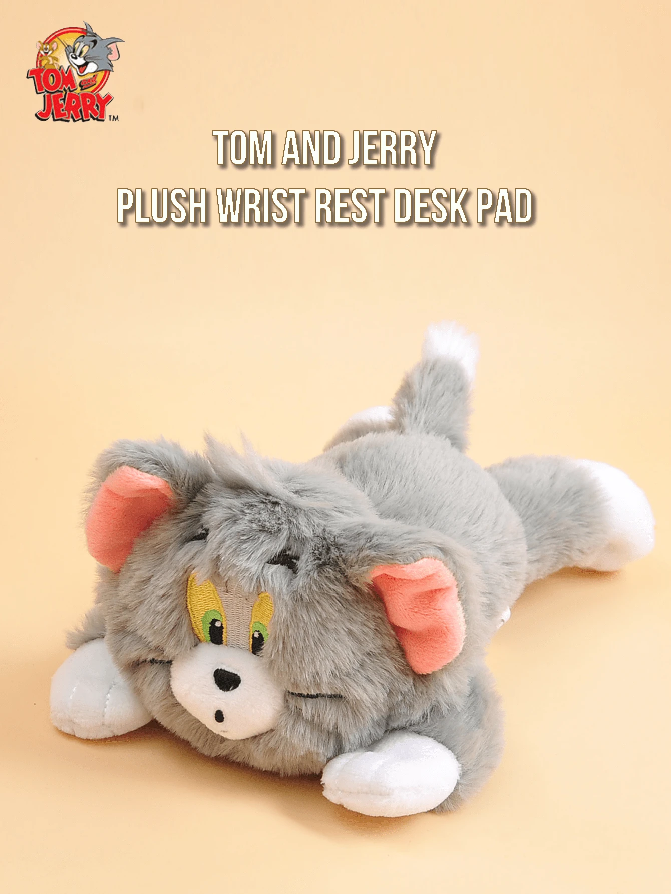 毛绒腕托垫 - 汤姆猫造型，符合人体工学，支撑键盘和鼠标，柔软短毛绒材质，粉色耳朵细节，可爱动漫动物桌面垫，适用于办公室电脑游戏设置，趣味动漫周边礼物，适合青少年女孩，可作为圣诞礼物或送给男朋友/女朋友，完美礼品兼桌面装饰，可爱小物 - 湯姆 - 查看 1