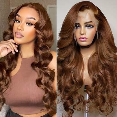 bling hair 13x4 Wavy Lace Front Wig, Chocolate Brown Lace Front Wig, 180% Density Transparent Lace Wig, Human Hair Wig, Pre-Plucked