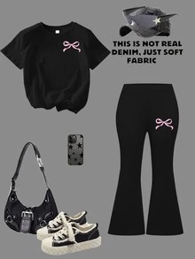 少女女孩两件套蝴蝶结印花短袖 T 恤和喇叭裤春夏女童服装套装