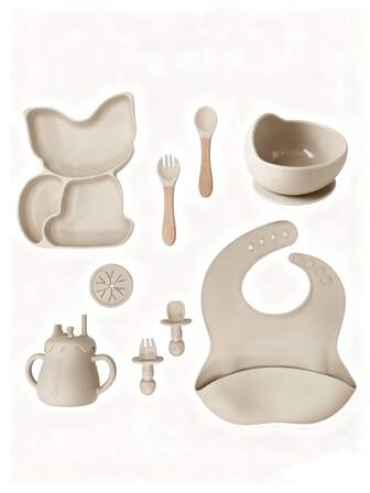 11件套婴儿喂养硅胶餐具 - 婴儿喂养必备套装，包括狐狸卡通餐盘、吸盘碗、硅胶叉勺、防漏围兜、婴儿断奶吸管杯，适合6个月以上宝宝日常使用，可用于洗碗机和微波炉。