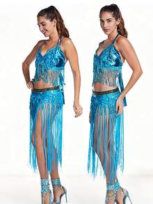Sequined And Tassel Belly Dance Costume Set, Sexy V-Neck Performance Top + Tassel Hip Scarf Waist Embellishment, Adult Stage Performance Costume (Multiple Colors Available). - Multicolor - View 10