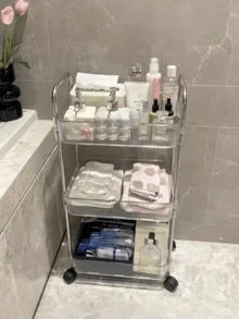1个透明移动化妆品收纳推车，大容量多功能浴室收纳展示架，浴室配件，化妆品整理滚动推车，适用于办公室、浴室、厨房和客厅的移动置物架 - 彩色 - 查看 4
