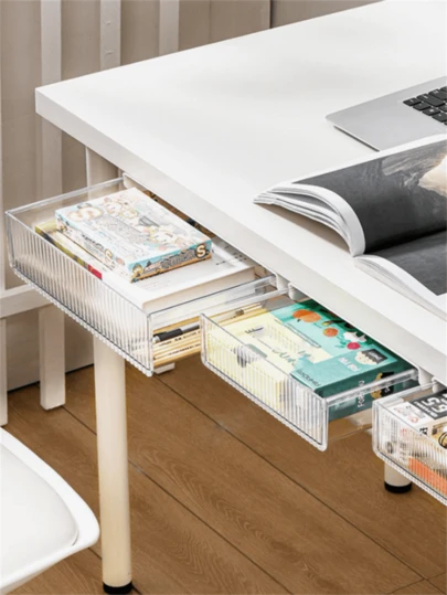 1個 透明デスクドロワー、目に見えないデスク下収納ボックス、ドリルなし デスクドロワー オーガナイザーシェルフ、オフィス、キッチン、バスルーム、寝室に適しています