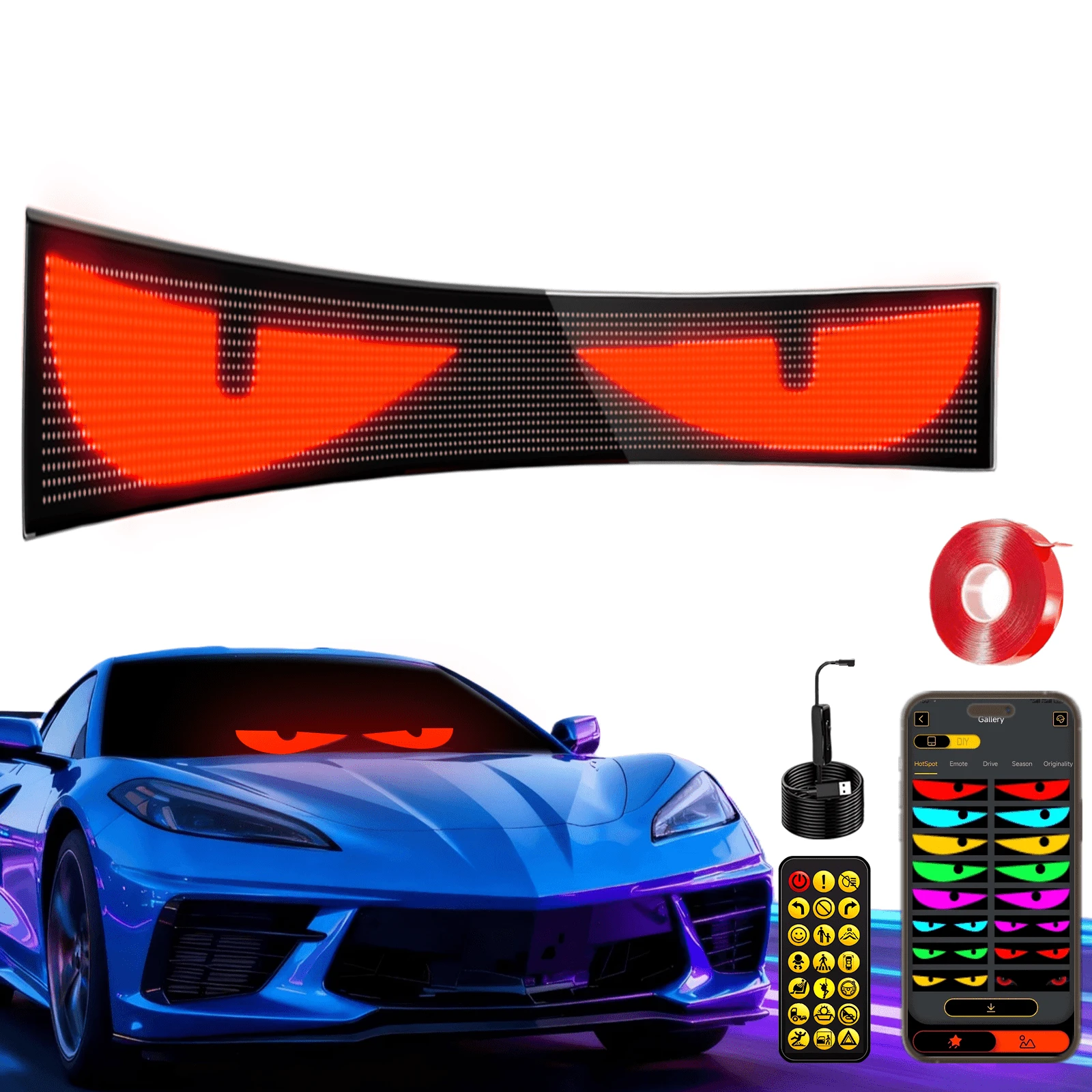 motos accesorio- luces led para moto, tamaño 10.2*34.8 cm, ojos LED para automóviles, controlada por app, texto/imágenes animadas personalizables DIY, suave y plegable, con alimentación USB, adecuada para motocicletas, automóviles, letreros de tiendas y decoraciones navideñas