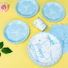 1 Set Blue Bow Tie Birthday Floral Disposable Plates, Napkins, Cups, Tablecloth And Flags, Birthday Theme Disposable Party Supplies Set, Suitable For 25 Guests, Disposable Paper Plates Party Tableware For Birthday, Wedding, Theme Party, Family Picnic - Multicolor - View 5