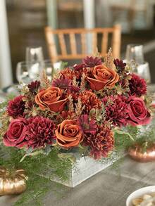 秋季人造牡丹花丝绣球玫瑰花束，人造花卉新娘捧花装饰家居装饰配件情人节花瓶婚礼花束花园玫瑰拱门客厅装饰新年装饰观赏花盆，DIY婚礼捧花，派对餐桌装饰 - 亮橙色 - 查看 2