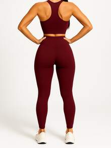 Set Of 2 High-Waisted Leggings With No Transparency - 1 Gray + 1 Wine - View 8