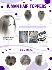 女士隐形夹式假发片，带底座和刘海，直发，灰白渐变色（A01、A02、#1001 款式），三夹固定，轻盈无痕，增加头发蓬松度，适合头发稀疏，遮盖头顶，自然逼真，适合日常佩戴，增加发量并遮盖白发 - 彩色 - 查看 5