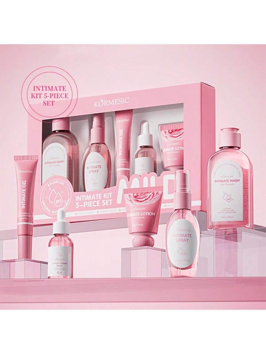 5件套女性私密护理保湿套装，清新香氛，提亮肤色，富含芦荟提取物和烟酰胺，温和呵护，全天候保护。精美礼盒包装。