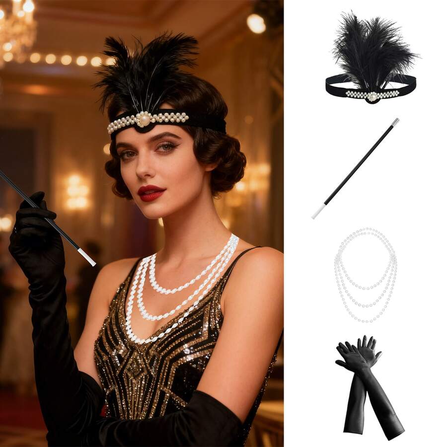 Bộ 4 phụ kiện đội đầu theo chủ đề tiệc tùng cổ điển Gatsby thập niên 1920, Phụ kiện băng đô lông vũ Flapper cho tiệc hóa trang thập niên 20 sôi động, tiệc tối trang trọng - A - Xem 1