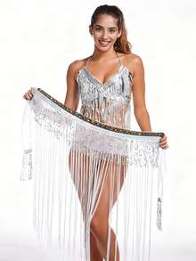 Sequined And Tassel Belly Dance Costume Set, Sexy V-Neck Performance Top + Tassel Hip Scarf Waist Embellishment, Adult Stage Performance Costume (Multiple Colors Available). - Multicolor - View 19