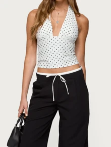 Women's Polka Dots Print Halter Tops Sleeveless Tie Back Crop Top Fashionable Going Out Backless Deep V Neck Summer Top Y2k Party Club Tank Tops - 白色 - 查看 2