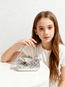 儿童菱形压花图案女童手提包，节日礼物，时尚公主迷你钱包，小巧包包，金/银/白新月形迷你包 - 均碼 - 查看 10