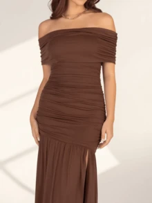 新款欧美风女士纯色优雅性感露肩褶皱修身开衩连衣裙