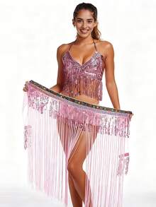 Sequined And Tassel Belly Dance Costume Set, Sexy V-Neck Performance Top + Tassel Hip Scarf Waist Embellishment, Adult Stage Performance Costume (Multiple Colors Available). - Multicolor - View 17