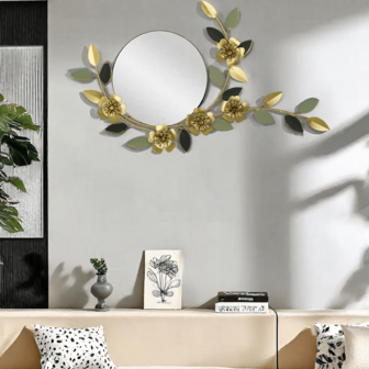 1pc Handpainted Iron Art Decorative Round Mirror With Leaf Trim, Wall Hanging Makeup Mirror For Office, Dining Room, Bedroom, Bathroom, Home Decor