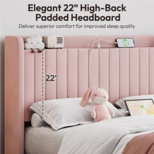 Butterslay Elegant Velvet Bed Frame With Charging Station, Platform Bed Frame With Upholstered Headboard, Wood Slat Support, Pink/Beige, Queen/Full Size - 粉色 - 查看 8