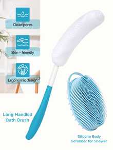 1pc Body Back Bath Brush, Curve Long Handle Mesh Bag Sponge Rubbing Back Shower Brush, Replaceable Scrubbing Brush,Exfoliating Skin And A Soft Scrub Back Brush,Length Is 15.35 Inch/39cm
