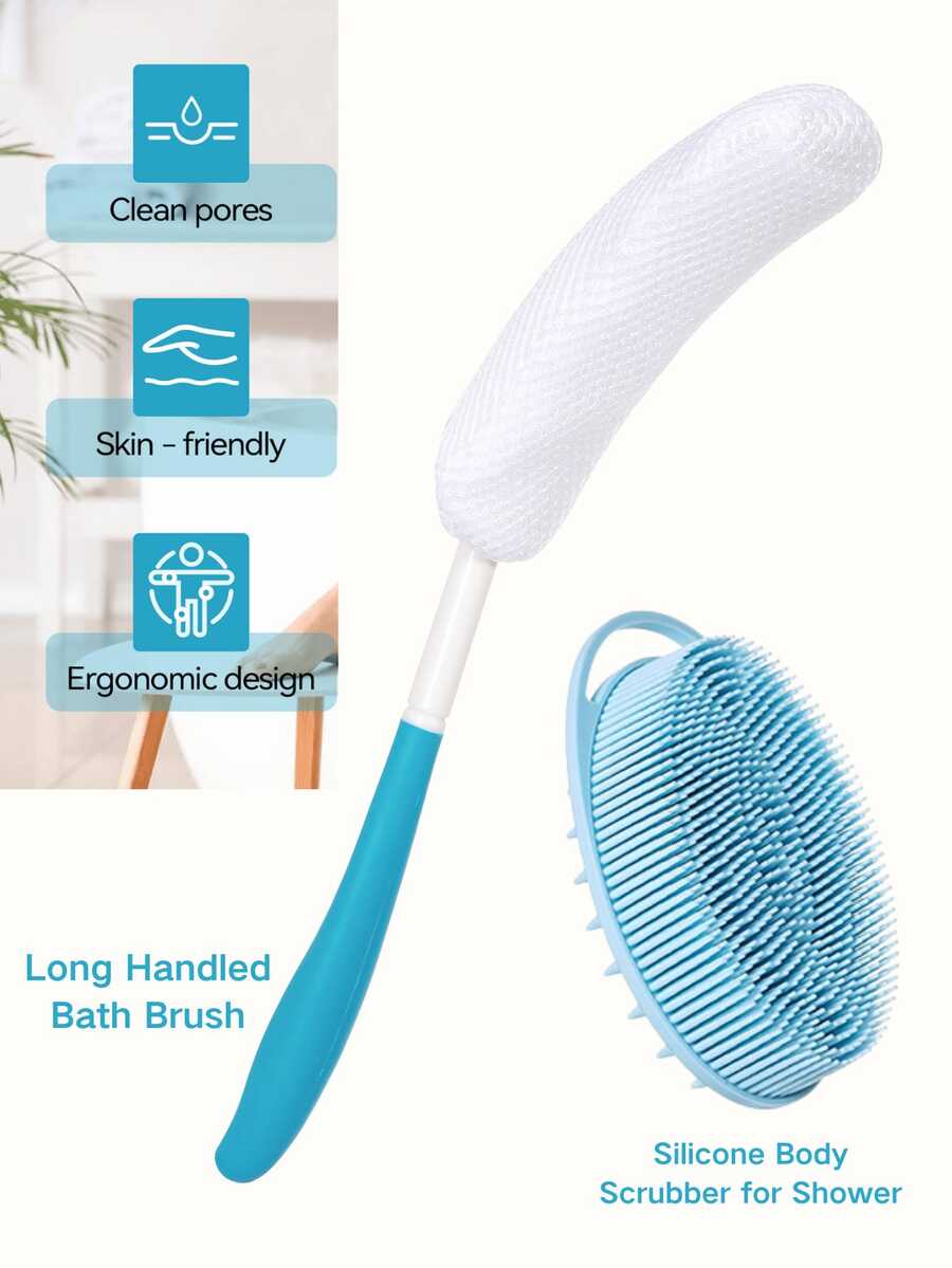 1pc Body Back Bath Brush, Curve Long Handle Mesh Bag Sponge Rubbing Back Shower Brush, Replaceable Scrubbing Brush,Exfoliating Skin And A Soft Scrub Back Brush,Length Is 15.35 Inch/39cm