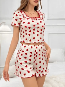 Women's Summer Heart Print Ruffle Trim Contrast Color Square Neck Short Sleeve Top And Shorts Set - Casual, Minimalist, Sweet, Fashionable 2-Piece Outfit - Multicolor - View 3