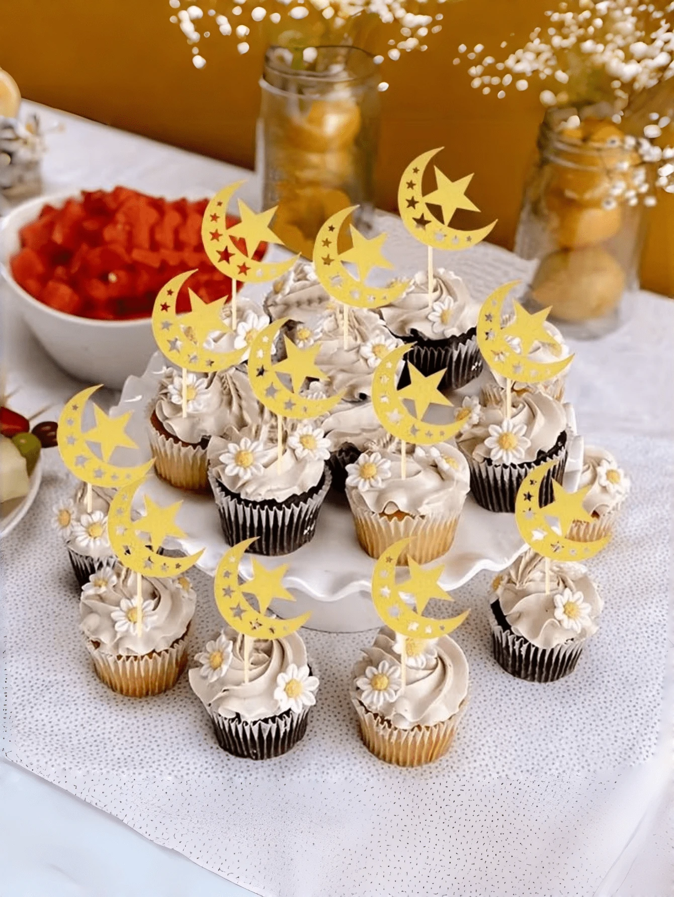 12pieces And 24pieces Glitter Moon And Star Eid Cupcake Toppers, Ramadan Karim Party Supplies, Islamic Muslim Party Decorations, Festive Celebration, Star Decorations, Decorative Cake Toppers, Durable Party Supplies, Cake Decorations, Event Planners, - Gold - View 1