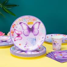 一套紫色蝴蝶皇冠生日快乐一次性餐盘、餐巾纸、杯子、桌布和横幅，生日主题一次性派对用品套装，适合25位客人，一次性纸盘派对餐具，适用于生日、婚礼、主题派对、家庭野餐