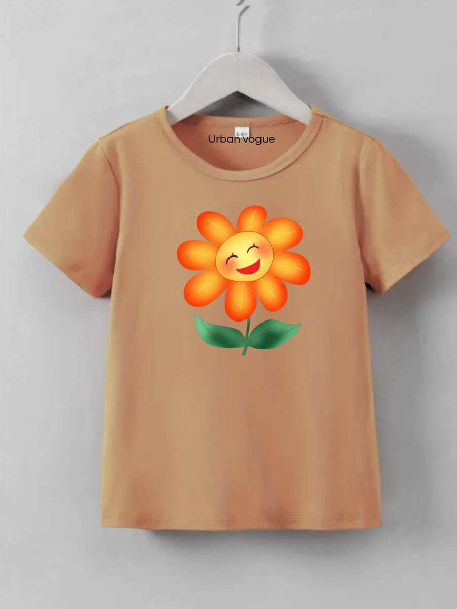 Girls' T-Shirt With Smiling Orange Flower, Size 5. - 棕色 - 查看 1
