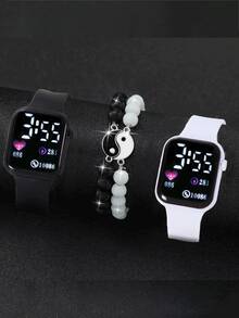 4pcs/Set LED Digital Display Couple Heart-Shaped Square Electronic Watch - Black and White - View 1