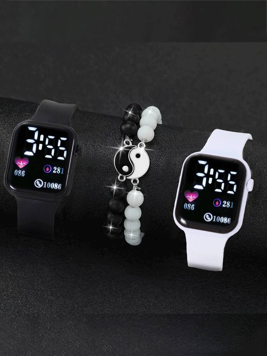 4pcs/Set LED Digital Display Couple Heart-Shaped Square Electronic Watch - Black and White - View 1
