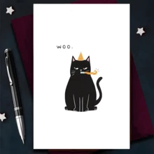1張趣味貓咪生日卡「Woo」憤怒貓，適合貓奴的趣味生日祝福卡，趣味寵物生日派對裝飾，送給貓主人的趣味禮物，適合女性、男性、姊妹、兄弟、朋友的可愛貓咪愛心卡 - 彩色 - 查看 4