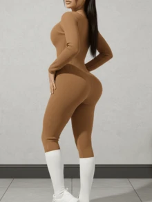 1pc Women Plus Size Seamless Slimming Waist Shaper Bodysuit, Long Sleeve & Pants, Thermal Insulation Summer - Brown - View 2