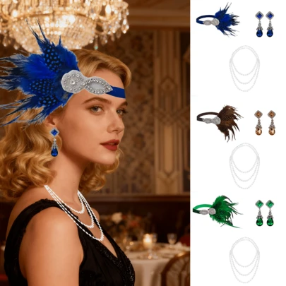 Conjunto de 3 piezas de disfraz vintage de los años 20 con tema elegante para mujeres, adecuado para fiestas de Navidad, galas, bailes de máscaras y actuaciones en el escenario