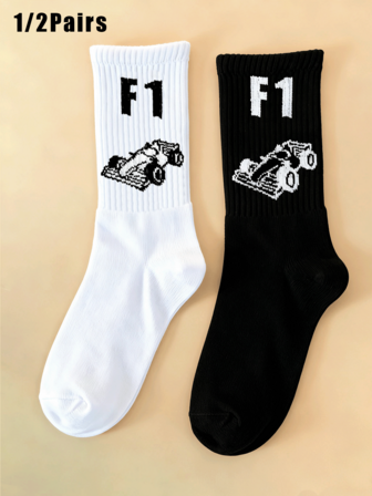 1/2 Pair Men's Crew Socks With F1 Racing Car Pattern, Interesting And Personalized, Great Christmas Gift For Men