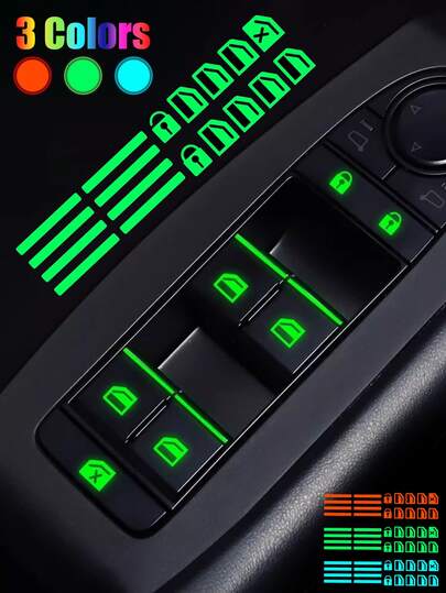 夜光汽车车窗/车门开关贴纸 - 3色自粘荧光贴纸，适用于锁/控制按钮 - 夜间可见性配件，适用于大众、奥迪、日产、欧宝、标致、雷诺、雪佛兰等车型