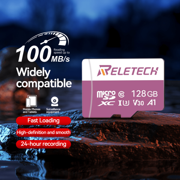 Reletech 대시 캠/감시 카메라/휴대폰/중저가 카메라용 A1 TF 메모리 카드 / 고속 100MB/S 읽기/쓰기 + 고/저온 방수 및 충격 방지 기능으로 녹화 누락, 정체 및 느린 전송 문제 해결. 32G/64G/128G/256G/512G 용량으로 제공