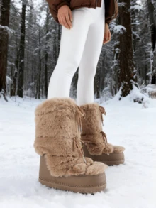 Women's Faux Fur Boots  Fuzzy Fluffy Furry Snow Boots Round Toe With Lace-Up Design Cute Warm Suitable For Christmas Halloween And Winter - 棕色 - 查看 9