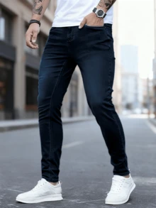 DG XUNLIN MODA 2025Ropa masculina de alta calidad, nueva en primavera y verano, recta elástica, jeans de negocios, ropa masculina, azul oscuro, azul medio, azul claro, cintura media, todo tipo de ocio, viajes de Negocios diarios, conferencias, viajes necesarios, disponible en todas las estaciones - Azul lavado oscuro - Ver 2