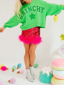 Women Y2K Sequin Feather Skirt Holiday Sparkly Furry Bodycon Mini Skirts Glitter Disco Party Tutu Skirt With Fur Trim - 粉色 - 查看 6