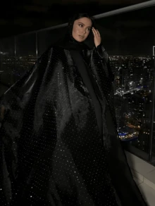 3件組優雅阿拉伯土耳其式長袍，鑲鑽設計，適合婚禮與度假的莊重服飾，黑色，春秋款 - 黑色 - 查看 3