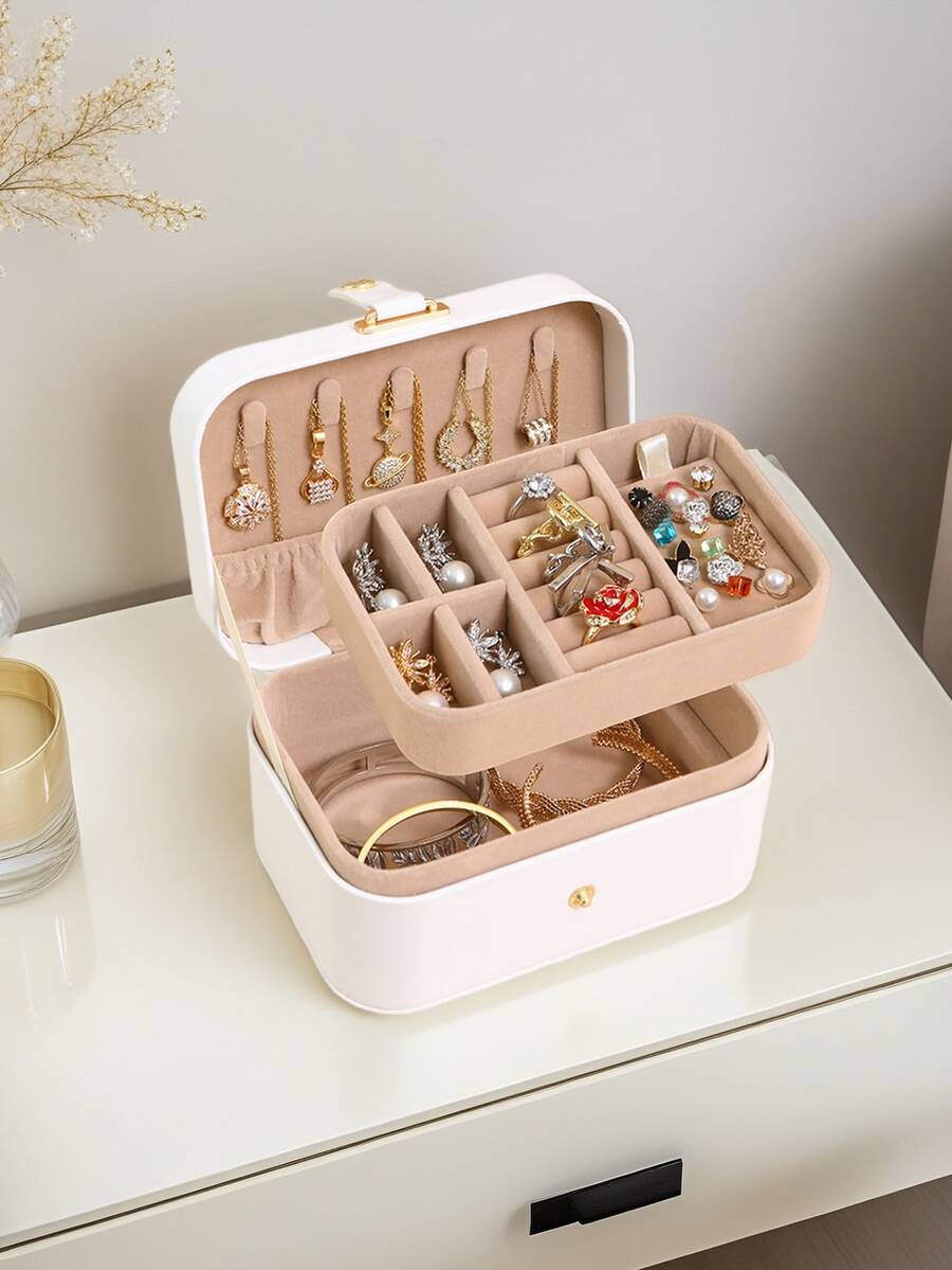 Large Capacity Luxury Genuine Leather Double-Layer Jewelry Box, Featuring Layered Design And Accessory Tray. Suitable For Women/Girls To Store Earrings, Necklaces, Rings And Bracelets. A Perfect Gift For Mother/Wife/Valentine's Day, Also An Ideal Choice For Back-To-School Gifts For Classmates And Best Friends., Room Decor - Multicolor - View 1