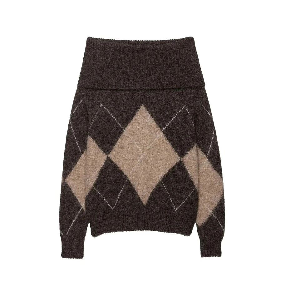 Seelio Autumn/Winter New Arrival Women's Fashion Versatile Diamond Cutout Shoulder Knit Sweater - Brown - View 1