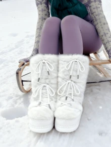 Women's Faux Fur Boots  Fuzzy Fluffy Furry Snow Boots Round Toe With Lace-Up Design Cute Warm Suitable For Christmas Halloween And Winter - trắng - Xem 1