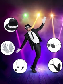 5件套闪亮星星服装配饰/80年代舞者摇滚明星/化装舞会化妆配饰，包括亮片帽、手套、领带、装饰镜、麦克风、流行天王、成人嘉年华/80年代主题派对 - 彩色 - 查看 4