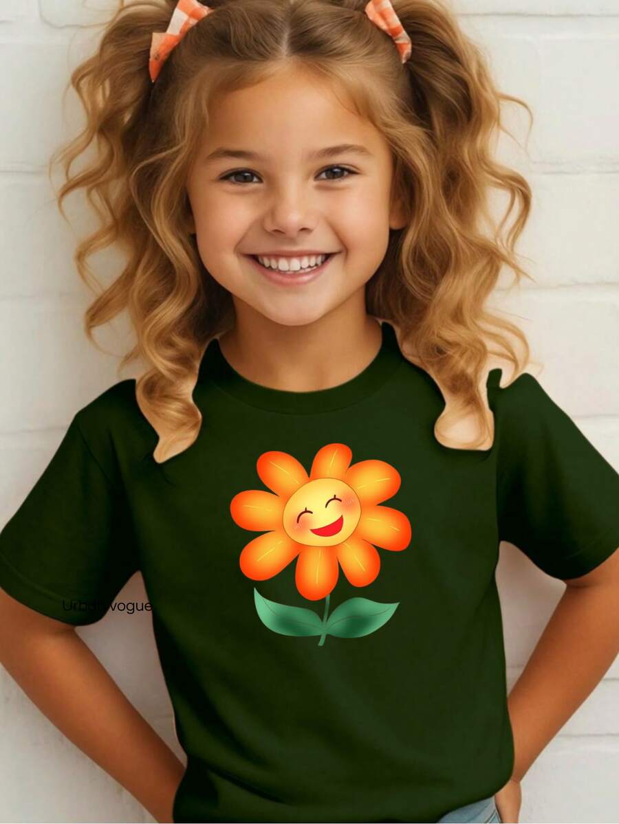 Girls' T-Shirt With Smiling Orange Flower, Size 5. - 軍綠色 - 查看 1