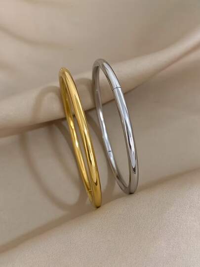 Bracelet jonc minimaliste en acier inoxydable poli, rond et uni. Cadeau pour mariage, fête, Saint-Valentin.